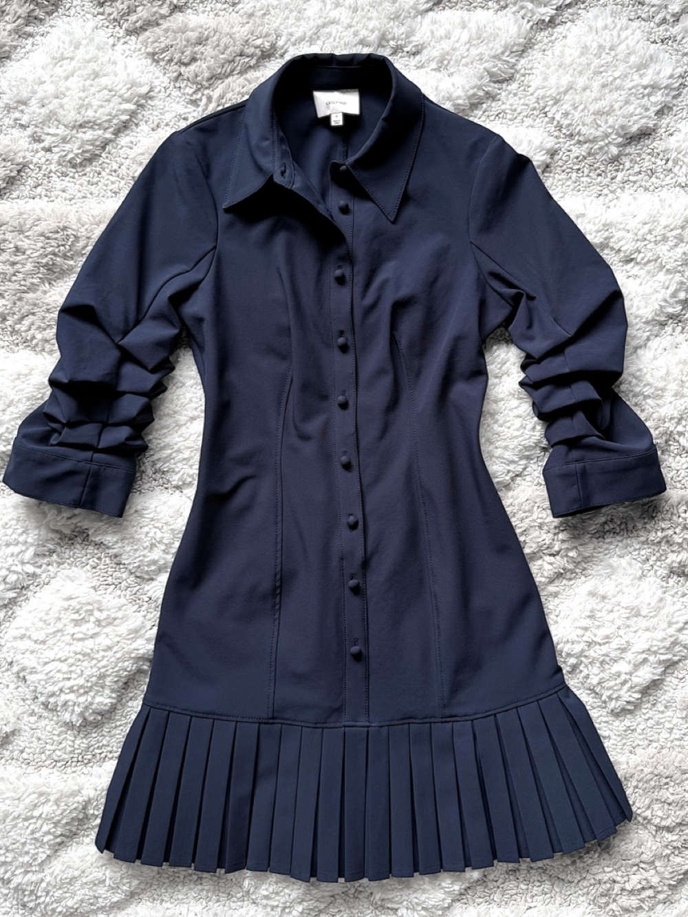 $425 Cinq à Sept Lucilla Drop Waist Pleated Hem Navy Shirt Dress 0 - Picture 3 of 10